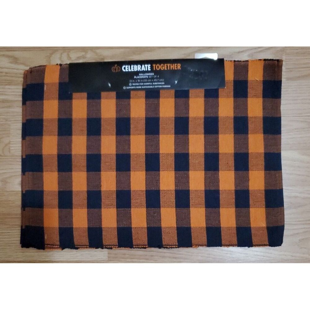 Halloween Woven Placemats Set of 4 Black and‎ Orange plaid Reversible 13 x 18 in
